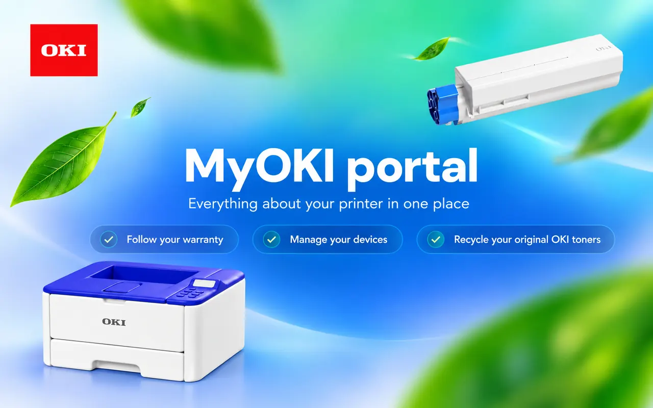 MyOKI portal artwork: follow your warranty, manage your devices, recycle your original OKI toners