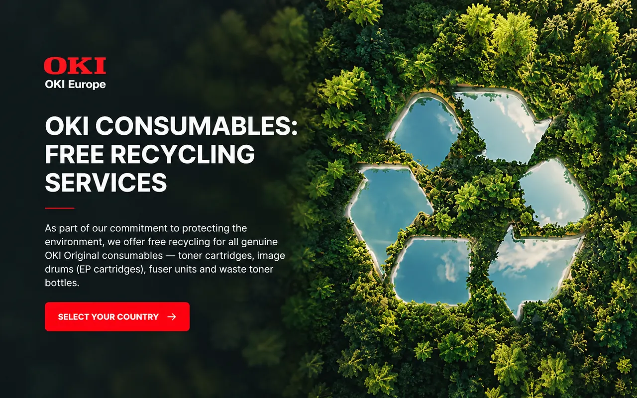 OKI consumables free recycling services page, with a recycling symbol made of forest lakes