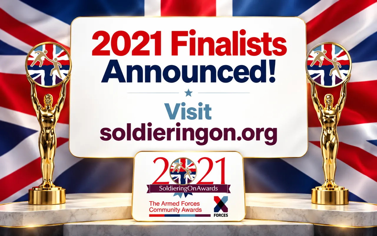 Soldiering On Awards 2021 finalists announcement with the new logo, between two gold award statues and a Union Jack backdrop