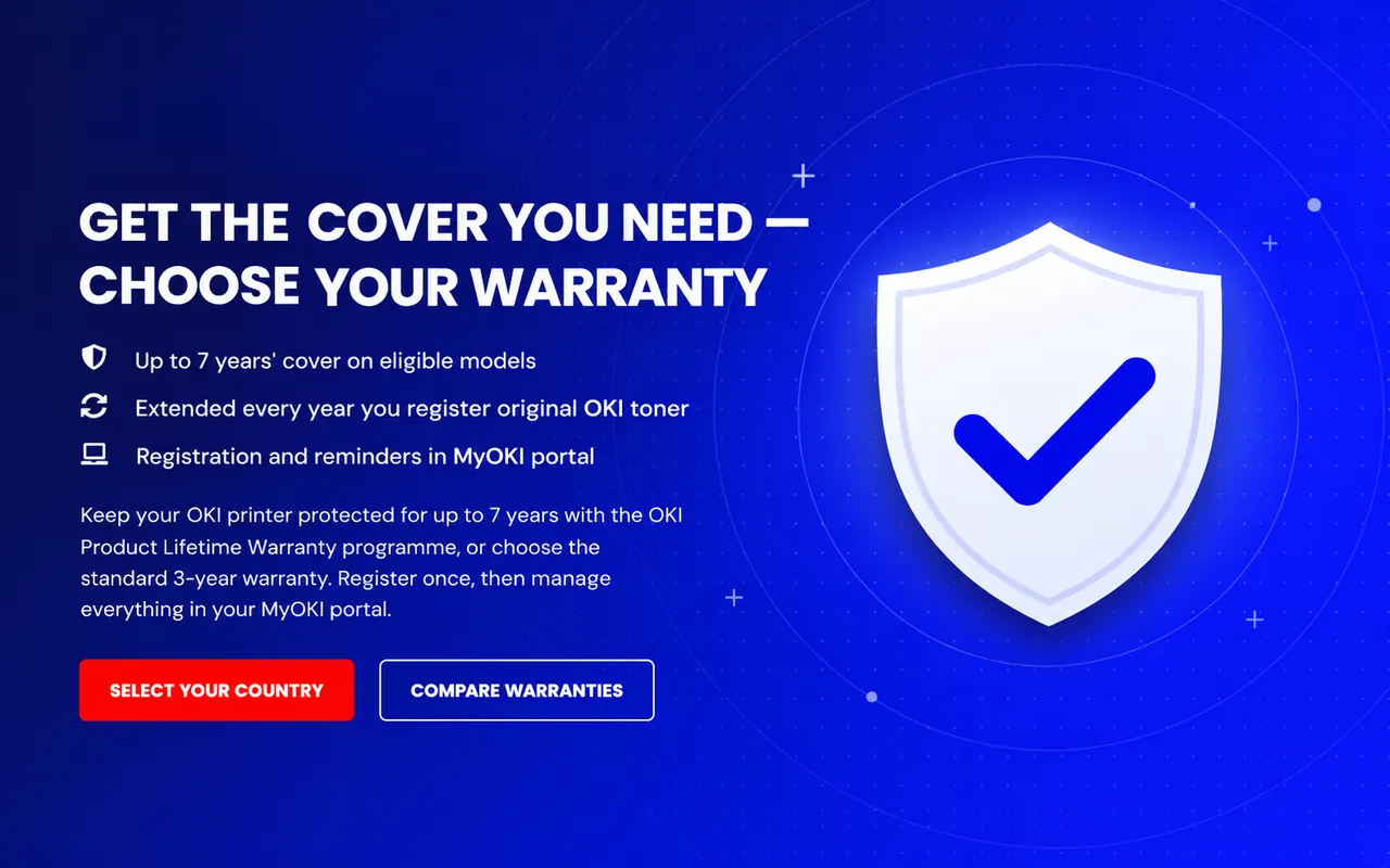 OKI warranty page: Get the cover you need, choose your warranty, with a white shield and tick on blue